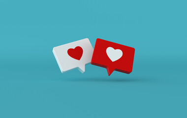 Like heart icon on a red, white pin 3d rendering. Social media notification. Social network symbol background. I like it!