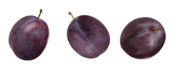 Set of fresh ripe plums on white background. Banner design