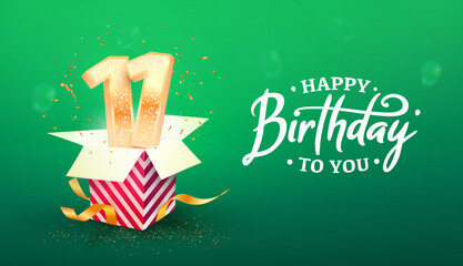 11 years anniversary vector banner template. Eleven years jubilee with paper box on a green background. 