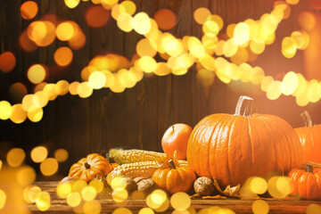 Composition with ripe pumpkins on wooden table, bokeh effect. Happy Thanksgiving day