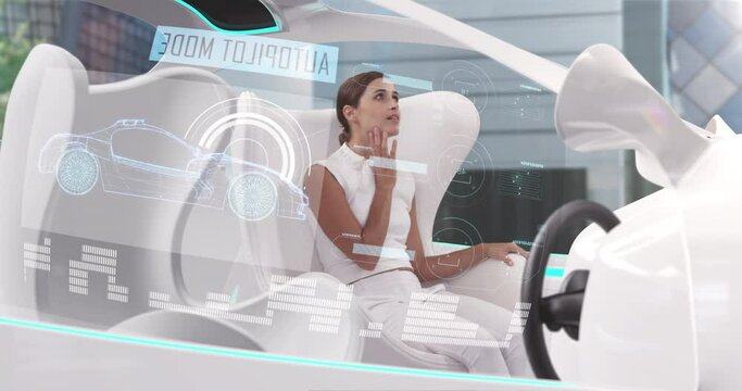 Woman in car with white interiors in autopilot mode driving across city