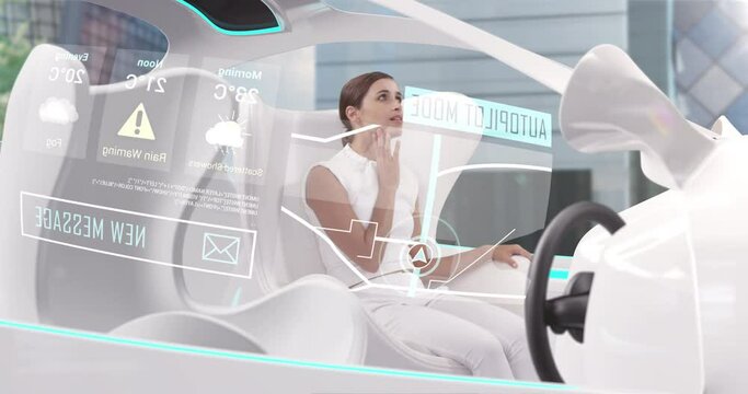 Woman in car with white interiors in autopilot mode driving across city