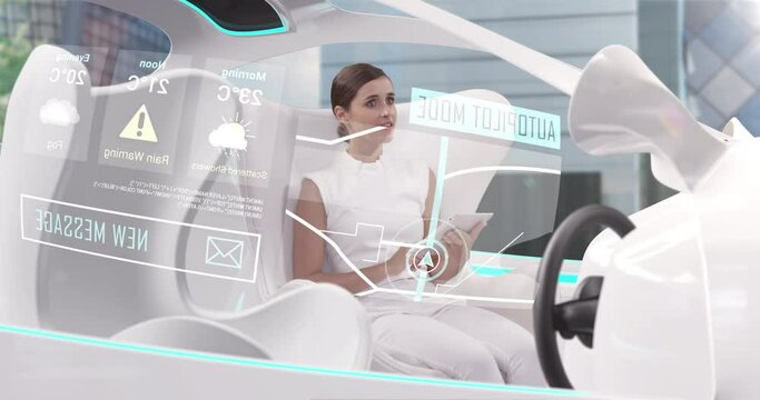 Woman using digital tablet in car with white interiors in autopilot mode driving across city