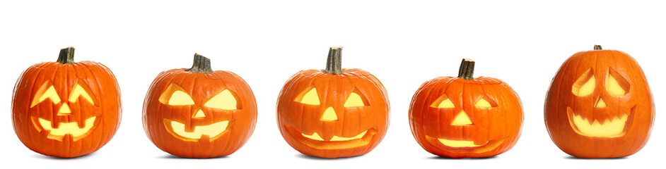 Set of carved Halloween pumpkins on white background. Banner design - Powered by Adobe
