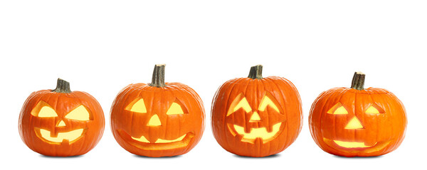 Set of carved Halloween pumpkins on white background. Banner design