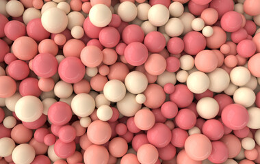 Colorful balls abstract wallpaper and background. Pattern design for trendy poster, flyer, banner, card, cover, brochure. Plastic bubbles, gum, pastel pink spheres. 3d render