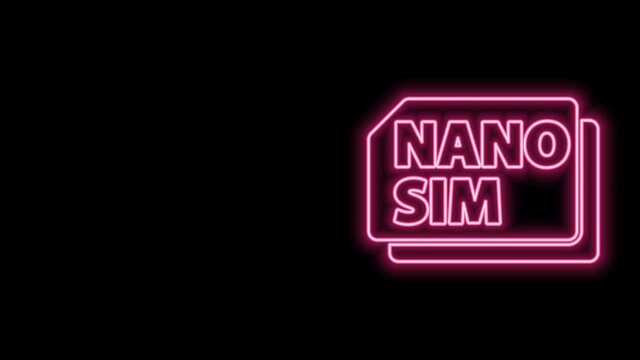 Glowing neon line Nano Sim Card icon isolated on black background. Mobile and wireless communication technologies. Network chip electronic connection. 4K Video motion graphic animation