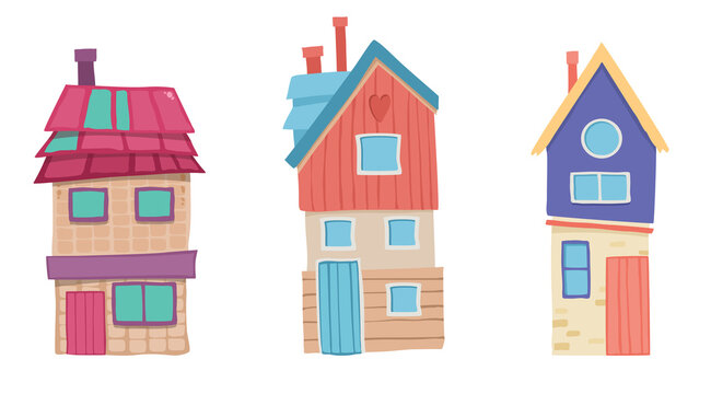 Cute cartoon houses collection. Funny colorful kid vector house set.