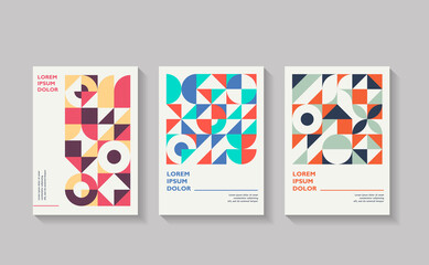 Vintage retro bauhaus design vector covers set. Swiss style colorful geometric