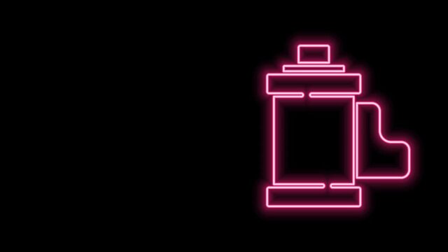 Glowing neon line Camera vintage film roll cartridge icon isolated on black background. 35mm film canister. Filmstrip photographer equipment. 4K Video motion graphic animation