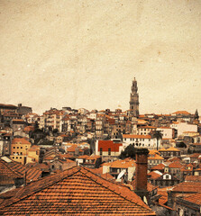 Vintage, textured panoramic view of Porto (Oporto) city, Portugal