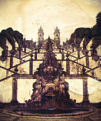 Vintage, textured look of Bom Jesus monastery in Braga, Portugal