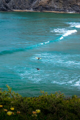 A view to the Atlantic Ocean where you can see the silhouettes of surfers catching the waves 