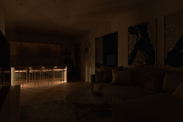 3d illustration of a living room and kitchen in night lighting. Light under the kitchen island. Night interior lighting. Interior design in modern style