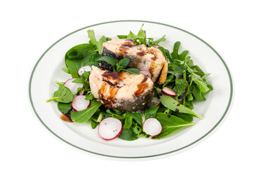 Canned fish with greens on plate isolated on white