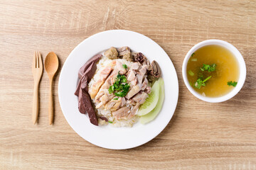 Thai cuisine (Khao Man Kai), Hainanese chicken rice eating with chicken soup, Top view