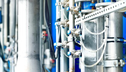 Large industrial water treatment and boiler room. Manual ball valves