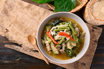 Northern Thai food (Kaeng Khae), Spicy curry soup with pork and mixed local vegetables and herbs, Main ingredients is Piper sarmentosum leaves