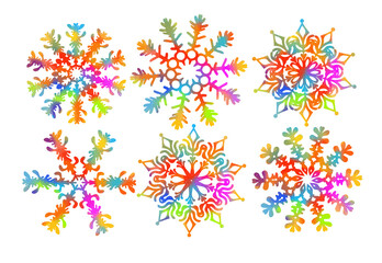 Set of rainbow snowflakes. A multi-colored abstraction of a snowflake. Merry Christmas. Mixed media. Vector illustration