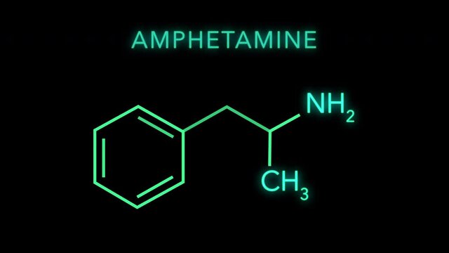 Amphetamine or alpha-methylphenethylamine Molecular Structure Symbol Neon Animation on black background