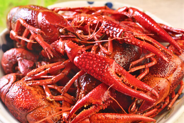 A plate of cooked  chinese food spicy crayfish.  