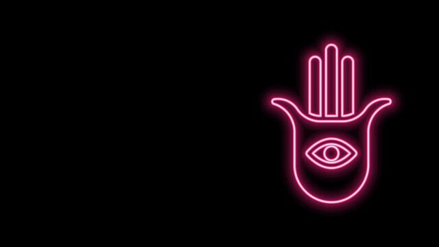 Glowing neon line Hamsa hand icon isolated on black background. Hand of Fatima - amulet, symbol of protection from devil eye. 4K Video motion graphic animation