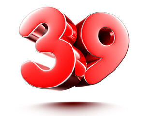 Red numbers 39 isolated on white background illustration 3D rendering.(with Clipping Path).