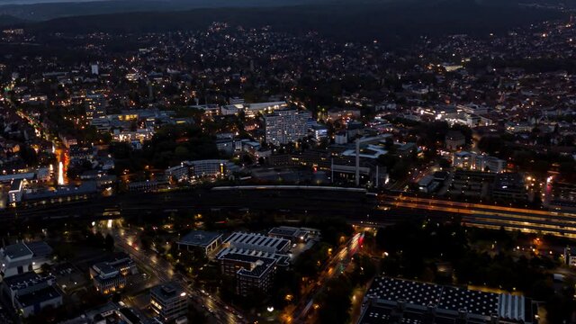 Drone aerial rotation hyperlapse of the city center of G&ouml;ttingen. Tramsition from Day To Night. Niedersachsen, Germany.
