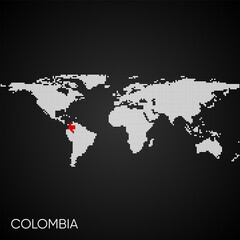 Dotted world map with marked colombia
