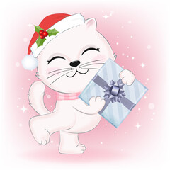 Cute Kitten with gift box in winter and Christmas illustration.