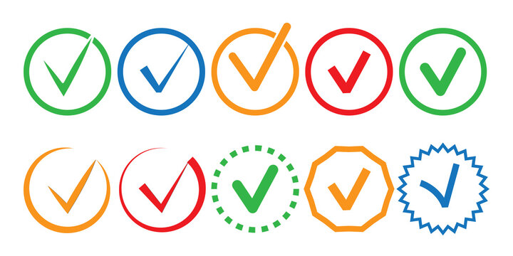 Check mark icon. Control tick for the checklist. Colored markers in circles. Vector illustration. Stock image.