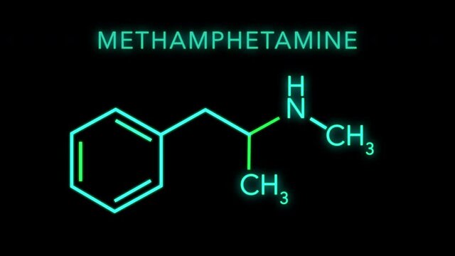 Methamphetamine from N-methylamphetamine Molecular Structure Symbol Neon Animation on black background