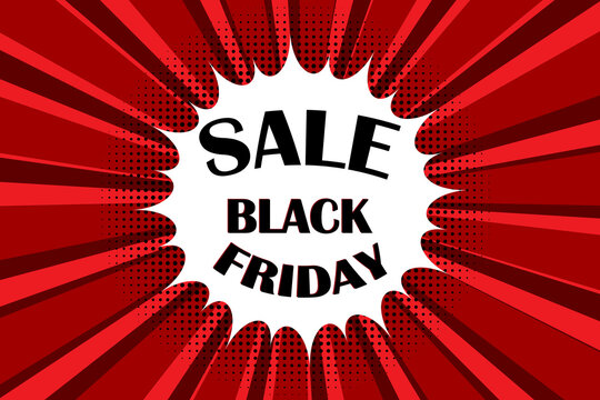 Black friday cartoon style. Art explosion. Sign of discounts in the store. Vector illustration. Stock image.