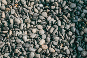 Top view of multi-colored pebbles background on the floor. Texture of sea stones for interior exterior decoration and industrial construction concept design.