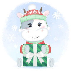 Cute Cow with gift box in winter and Christmas illustration.