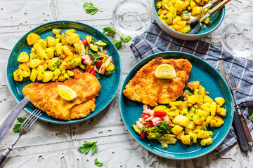 Homemade Breaded German Weiner Schnitzel with Potatoes