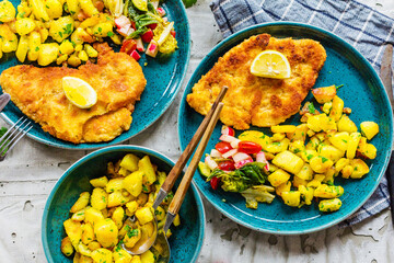 Homemade Breaded German Weiner Schnitzel with Potatoes
