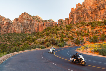 On the curved road in Zion National Park, Utah. Beautiful fall season, sunset