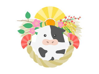 しめ縄と牛のキャラクターのイラスト
