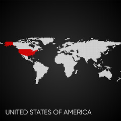 Dotted world map with marked United States of America
