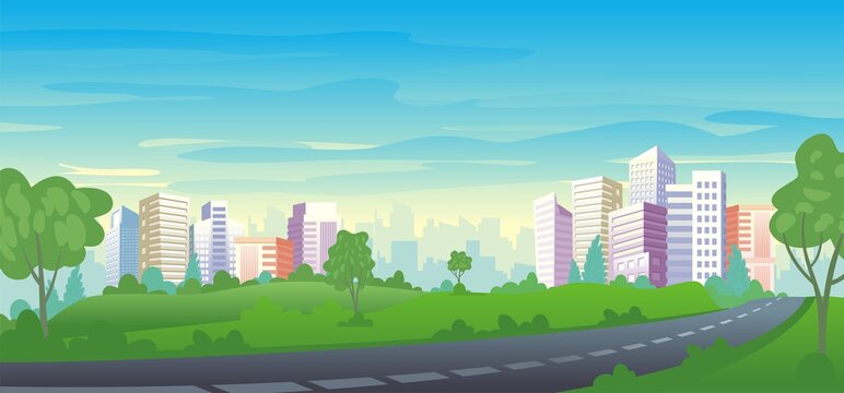 Urban highway with city skyline and park area, highway view and nature landscape vector illustration
