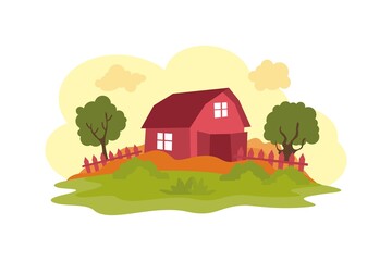 Cartoon Barn House with tractor Vector illustration, green grass and trees, simple and cute with flat design
