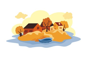 Cute small island with house, trees and boat landscape vector illustration
