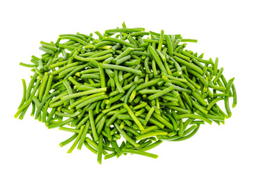 Pile of chopped bean pods slices isolated on white background.