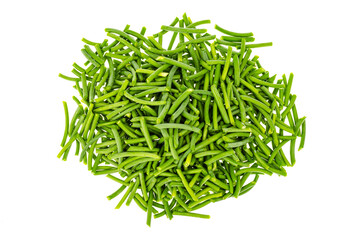Pile of chopped bean pods slices isolated on white background.