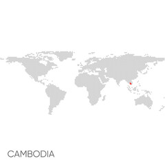 Fototapeta na wymiar Dotted world map with marked cambodia