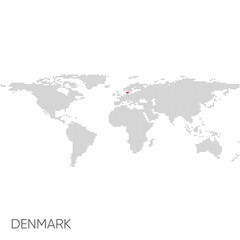 Fototapeta na wymiar Dotted world map with marked denmark