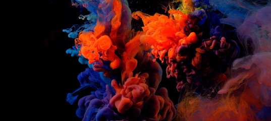 Color drops in water , abstract color mix , drop of Ink color mix paint falling on water Colorful ink in water,
