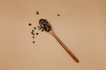 Black soybeans with wooden spoon on brown background.