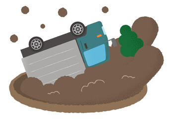 土砂災害に遭う緑色のトラックのベクターイラスト
